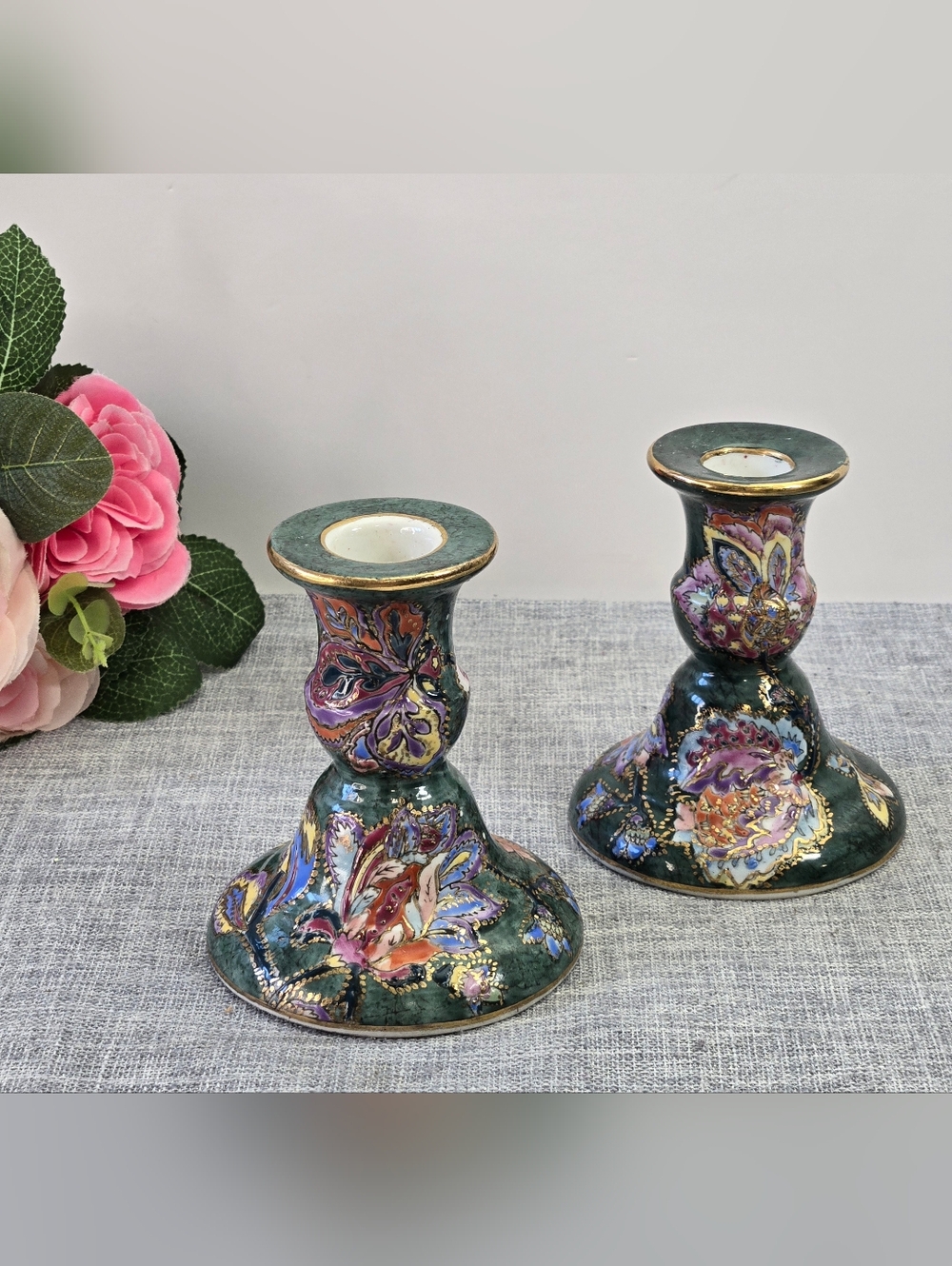Rare Vintage‎ Set Taper Candlesticks Holders Cloisonne Green Floral Gold Accents